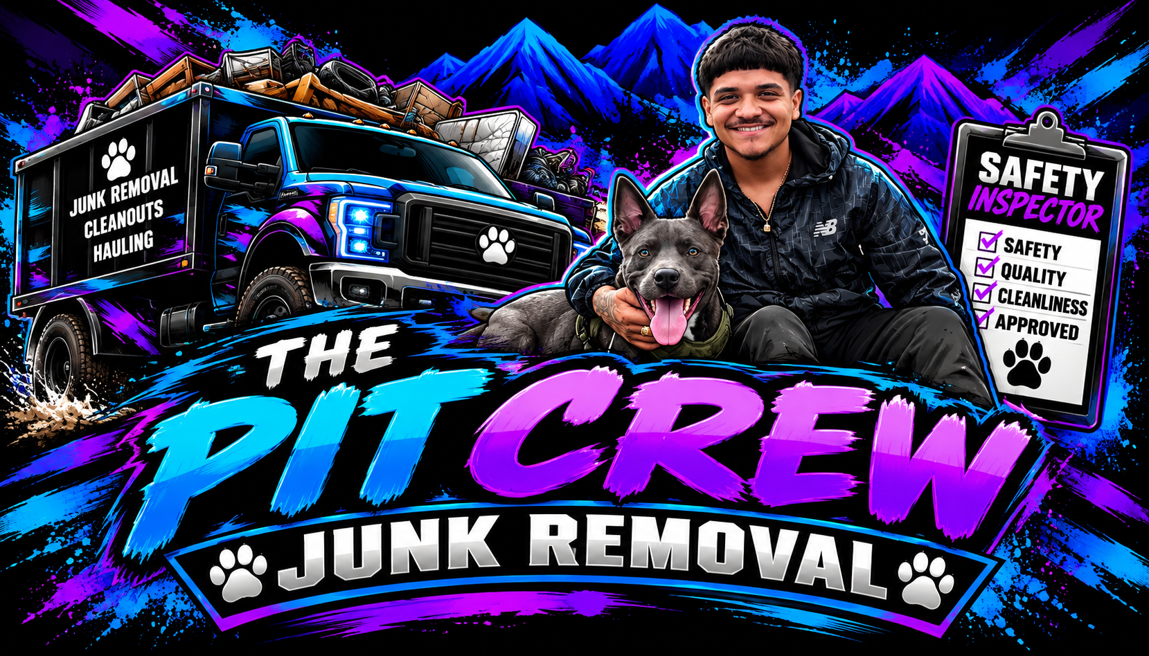 The Pit Crew Junk Removal blue and purple brand artwork featuring the company truck and dog mascots
